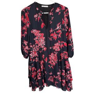 Alice + Olivia Moore Dress Floral Balloon Sleeve Black Red Size XS